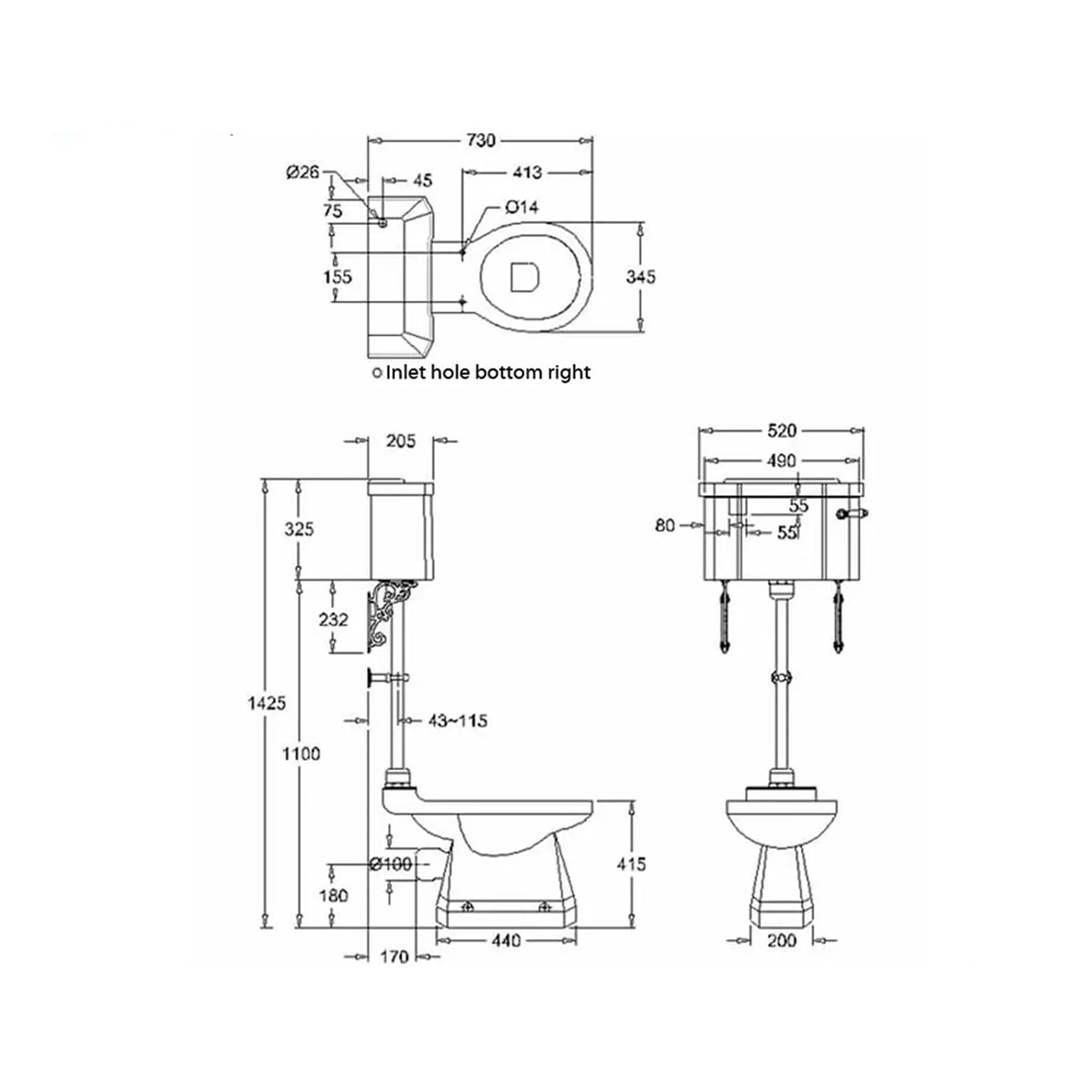 Burlington P20-C1-T33CHR Rimless White Pan With Ceramic Lever Cistern And Medium-Level Flush Pipe Kit €œ 345mm x 730mm x 1425mm