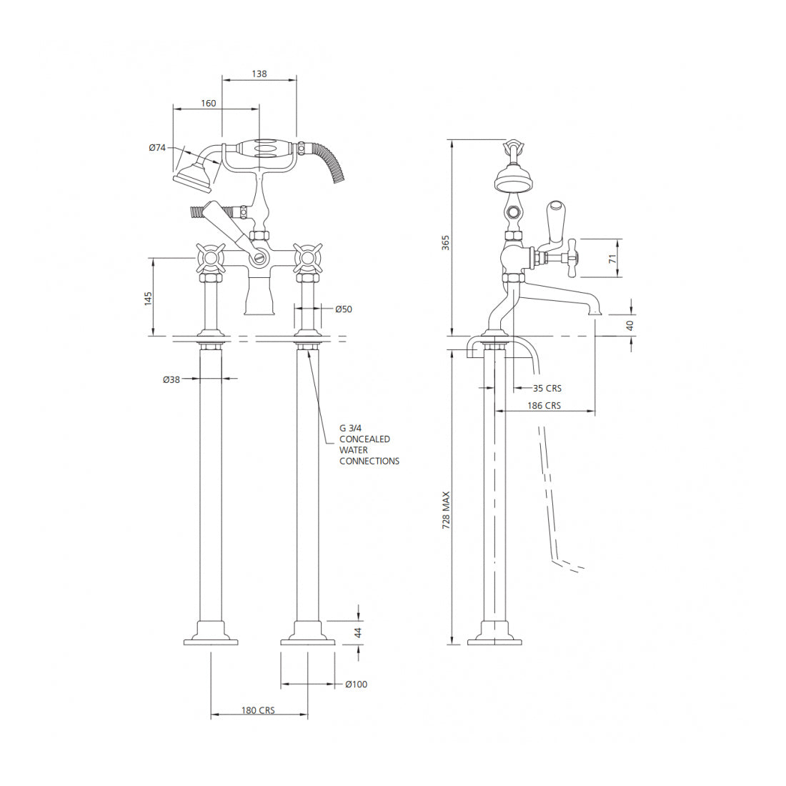 Lefroy Brooks Classic Bath Shower Mixer with Standpipe Sleeves Deck Mounted LB1145