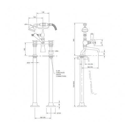 Lefroy Brooks Classic Bath Shower Mixer with Standpipe Sleeves Deck Mounted LB1145