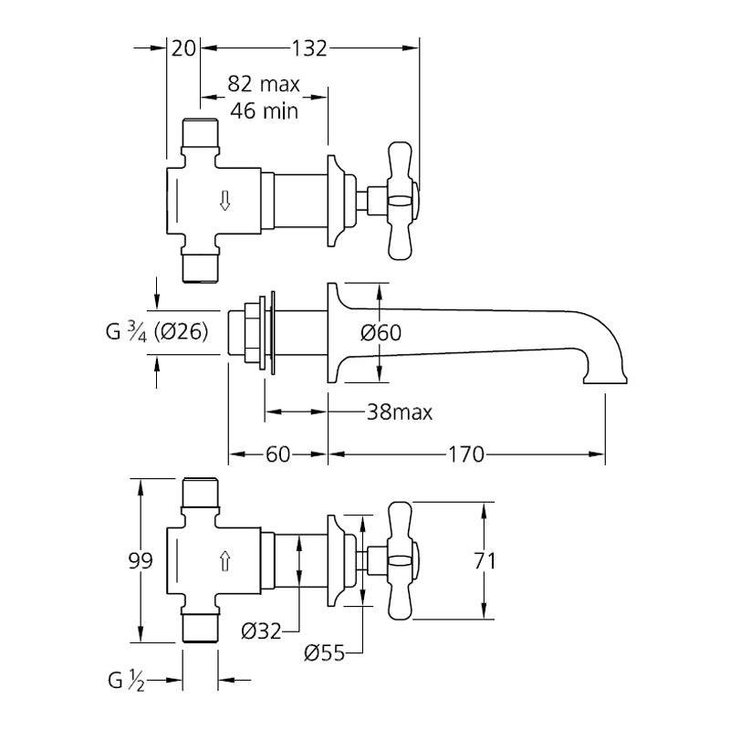Lefroy Brooks Classic 3-Hole Concealed Wall Bath Filler LB1152