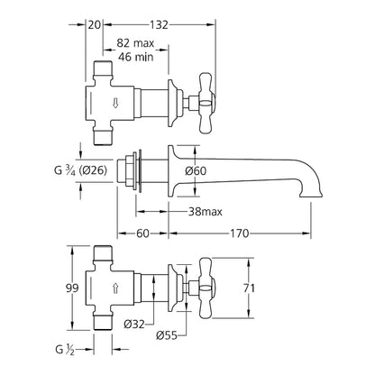 Lefroy Brooks Classic 3-Hole Concealed Wall Bath Filler LB1152