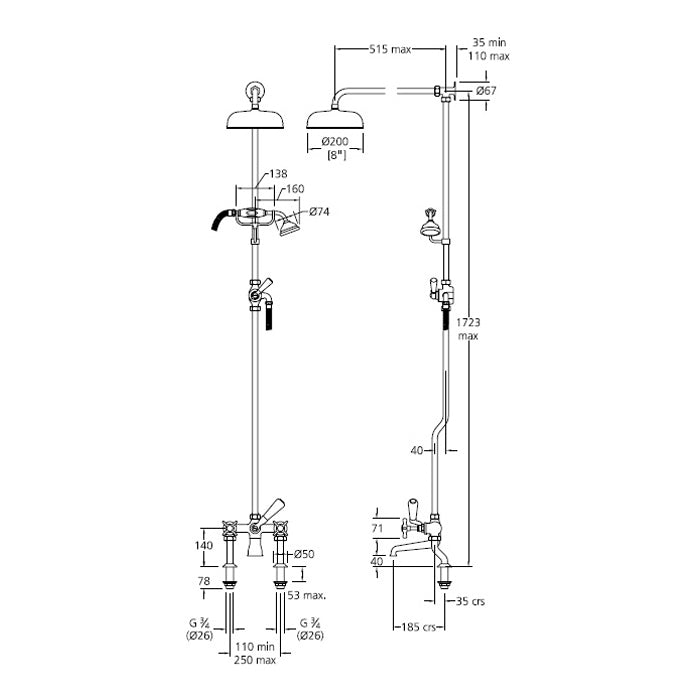 Lefroy Brooks Classic Bath Shower Mixer with Riser Kit Lever Diverter Hand Shower & 8" Rose LB1701