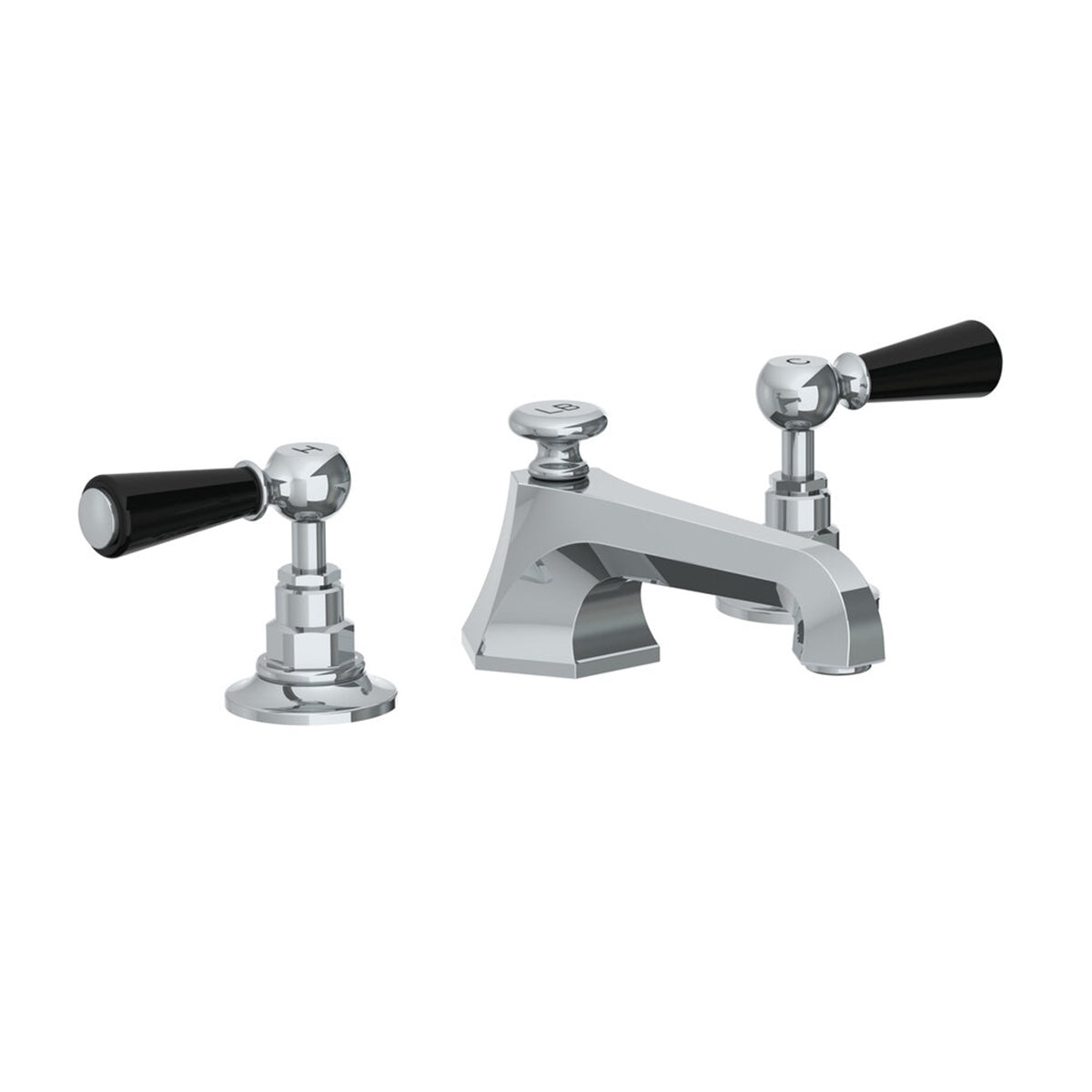 Lefroy Brooks Mackintosh basin mixer with Classic black levers and pop-up waste