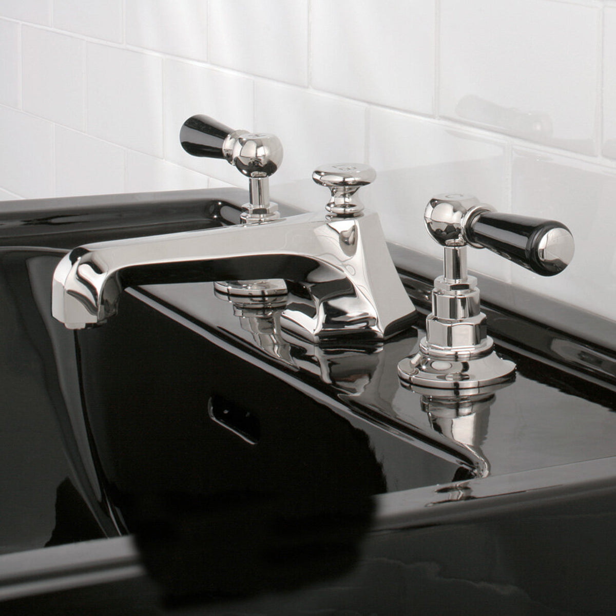 Lefroy Brooks Mackintosh basin mixer with Classic black levers and pop-up waste
