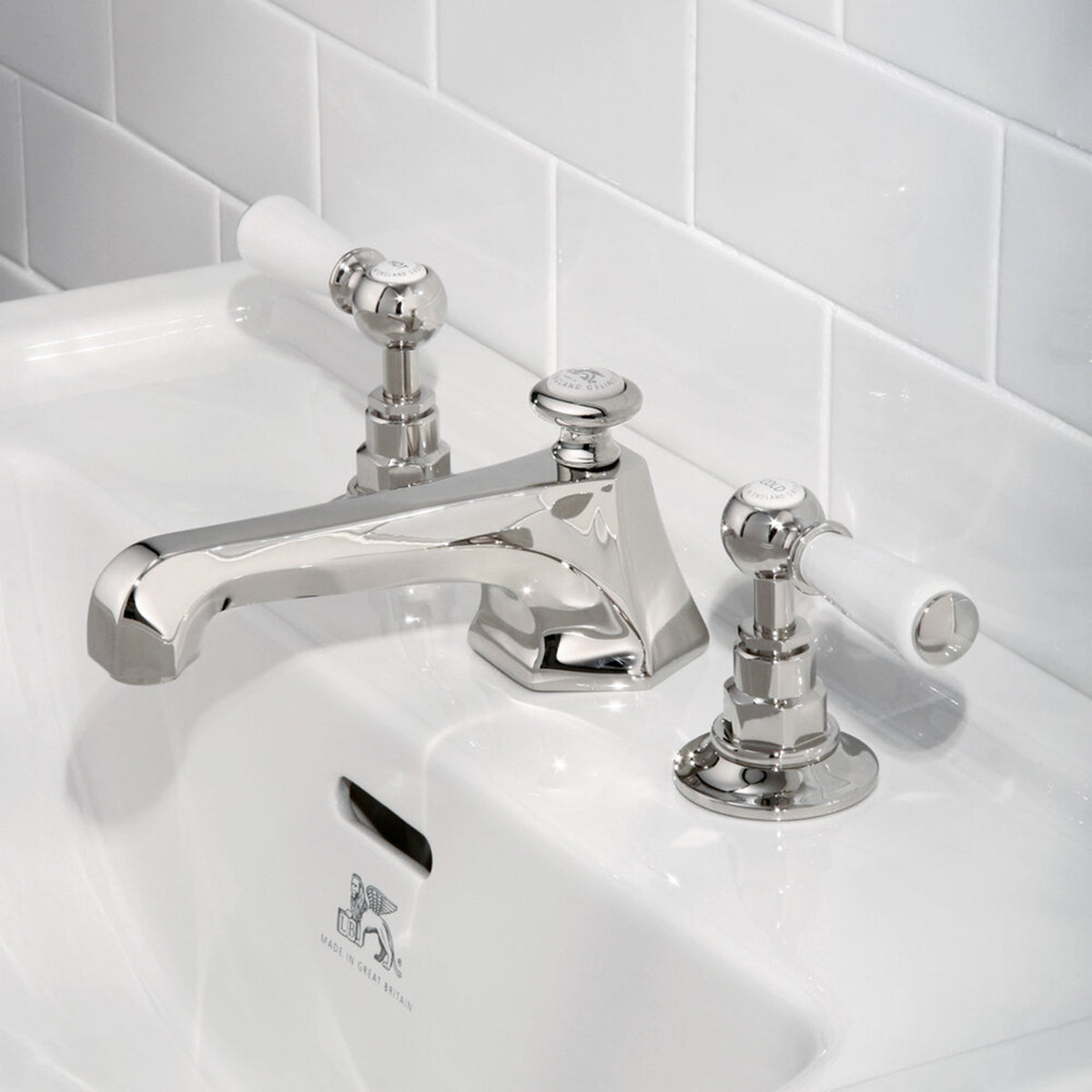 Lefroy Brooks Mackintosh basin mixer with Classic white levers and pop-up waste