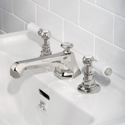 Lefroy Brooks Mackintosh basin mixer with Classic white levers and pop-up waste