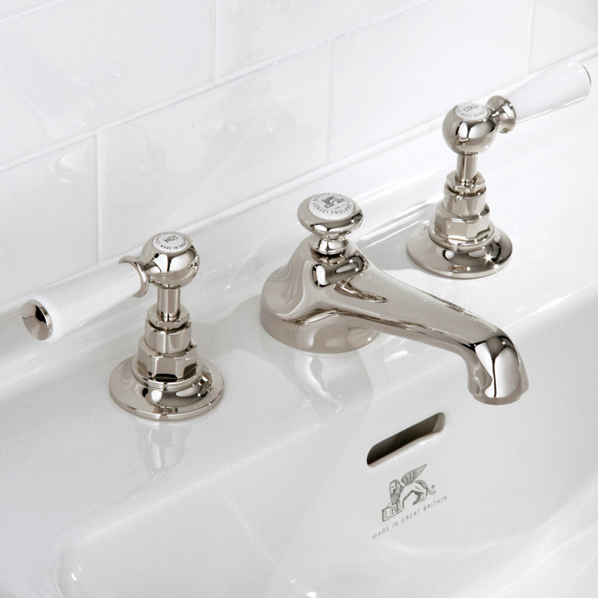 Lefroy Brooks Classic basin mixer with white levers and pop-up waste