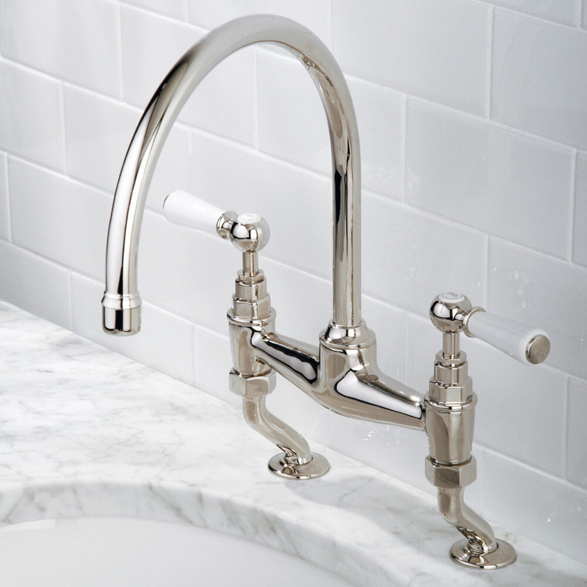 Lefroy Brooks Classic basin bridge mixer with white levers