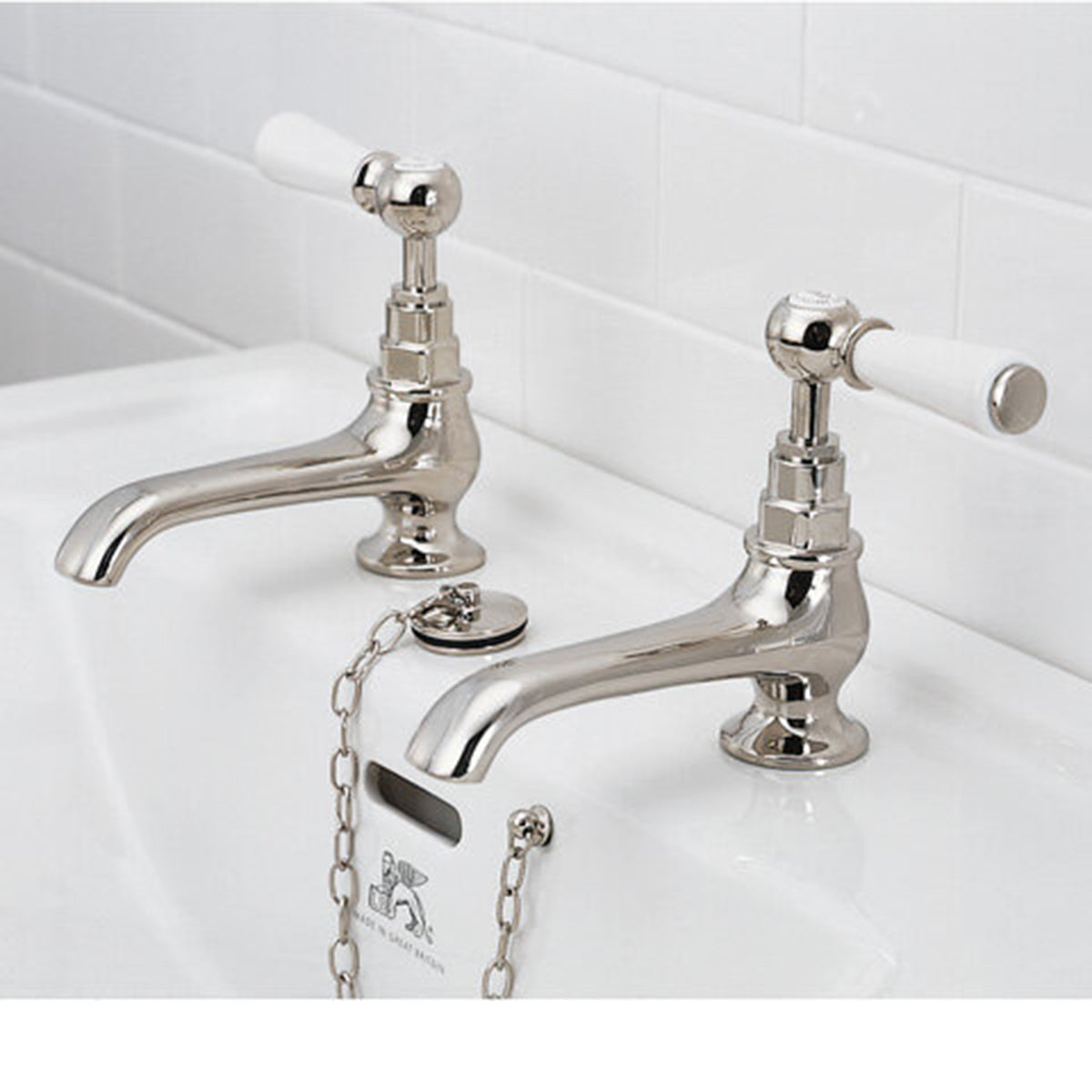 Lefroy Brooks Classic long nose basin pillar taps with white levers