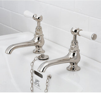 Lefroy Brooks Classic long nose basin pillar taps with white levers