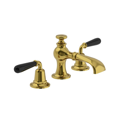 Lefroy Brooks La Chapelle flared spout basin mixer with black torpille levers & pop-up waste