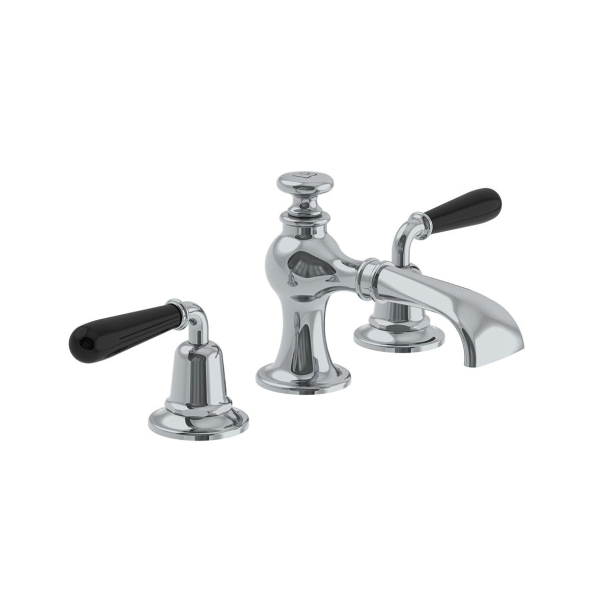 Lefroy Brooks La Chapelle flared spout basin mixer with black torpille levers & pop-up waste