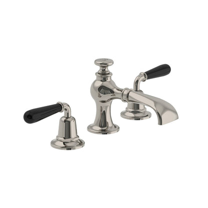 Lefroy Brooks La Chapelle flared spout basin mixer with black torpille levers & pop-up waste