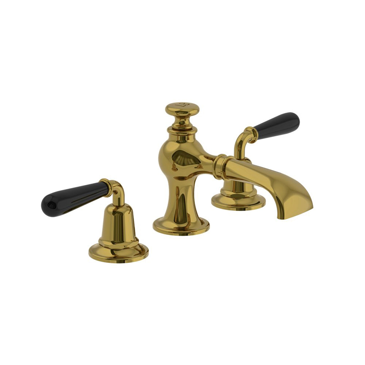 Lefroy Brooks La Chapelle flared spout basin mixer with black torpille levers & pop-up waste