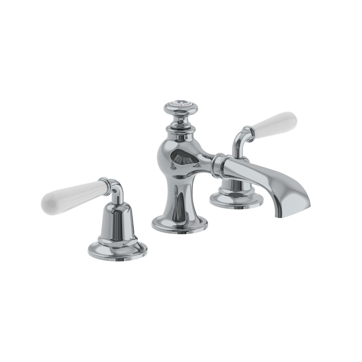Lefroy Brooks La Chapelle flared spout basin mixer with white torpille levers & pop-up waste