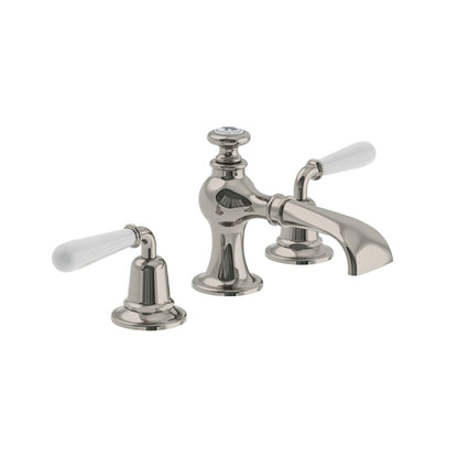 Lefroy Brooks La Chapelle flared spout basin mixer with white torpille levers & pop-up waste
