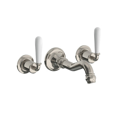 Lefroy Brooks La Chapelle wall mounted basin mixer with white torpille levers