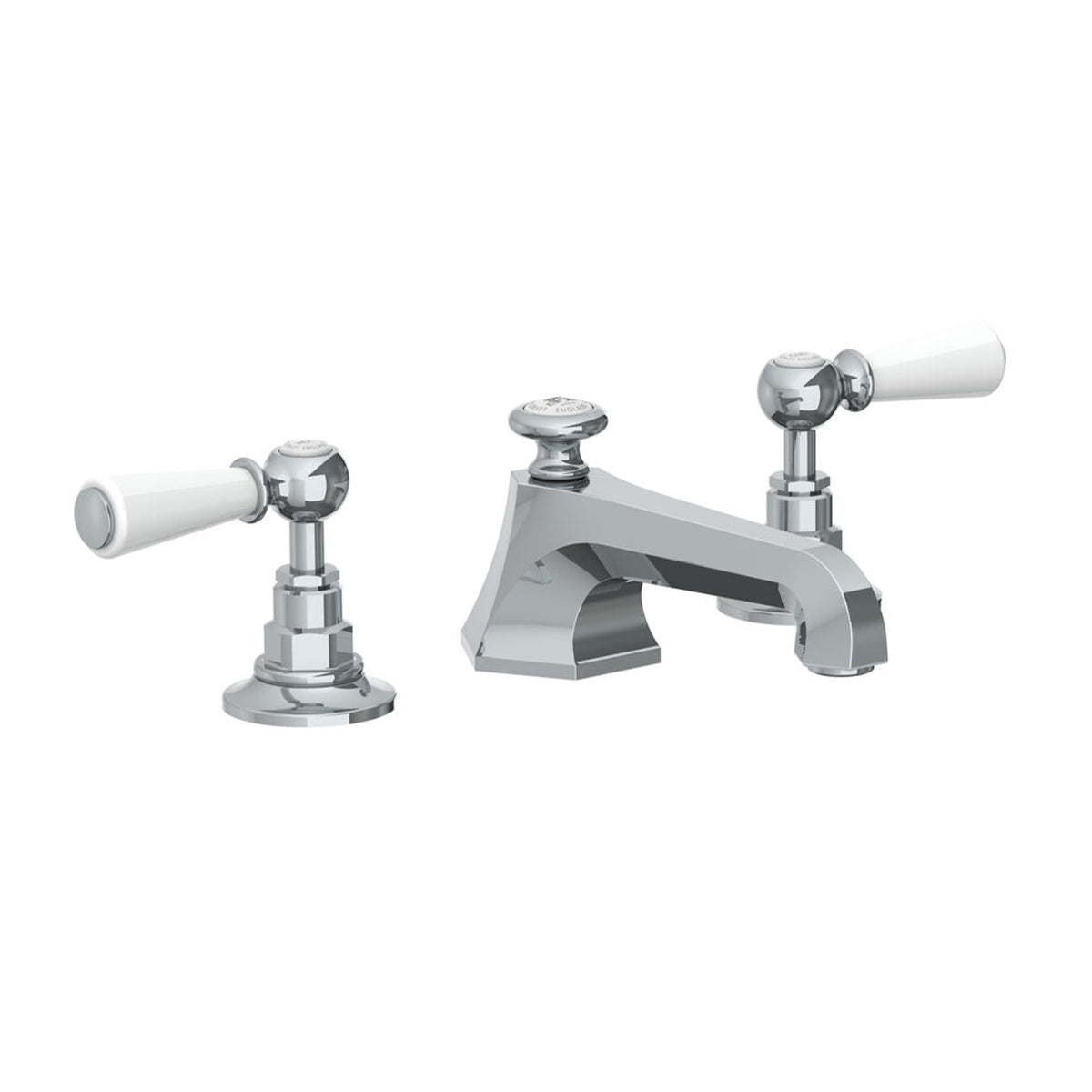 Lefroy Brooks Mackintosh basin mixer with Classic white levers and pop-up waste