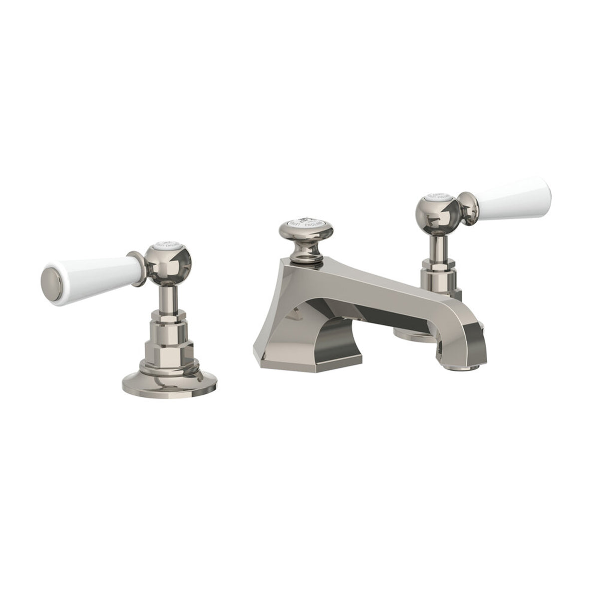 Lefroy Brooks Mackintosh basin mixer with Classic white levers and pop-up waste
