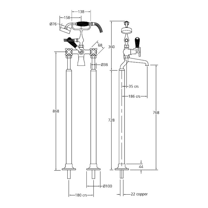 Lefroy Brooks Mackintosh Bath Shower Mixer With Standpipes MH1144