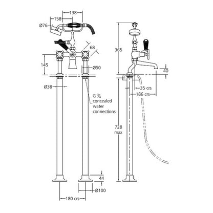 Lefroy Brooks Mackintosh Bath Shower Mixer with Standpipe Sleeves for Rim Mounting MH1145