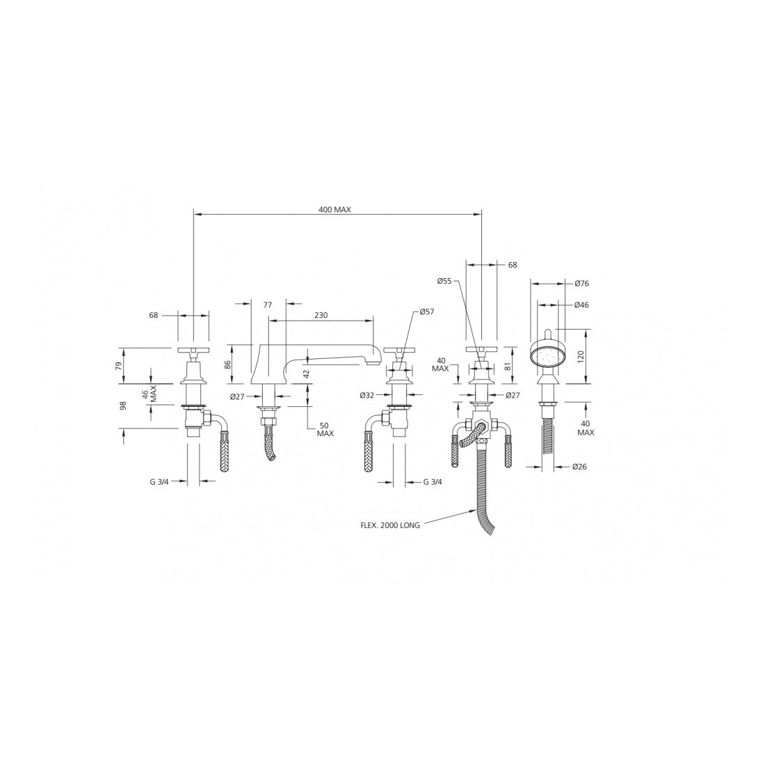 Lefroy Brooks Mackintosh 5-Hole Bath Set With Diverter & Pull-Out Handshower MH1260