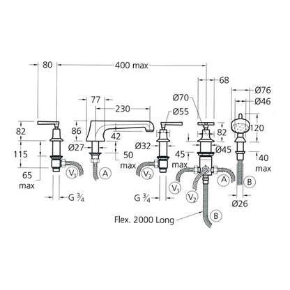 Lefroy Brooks Mackintosh Lever 5-Hole Bath Set With Diverter & Pull-Out Handshower ML1260
