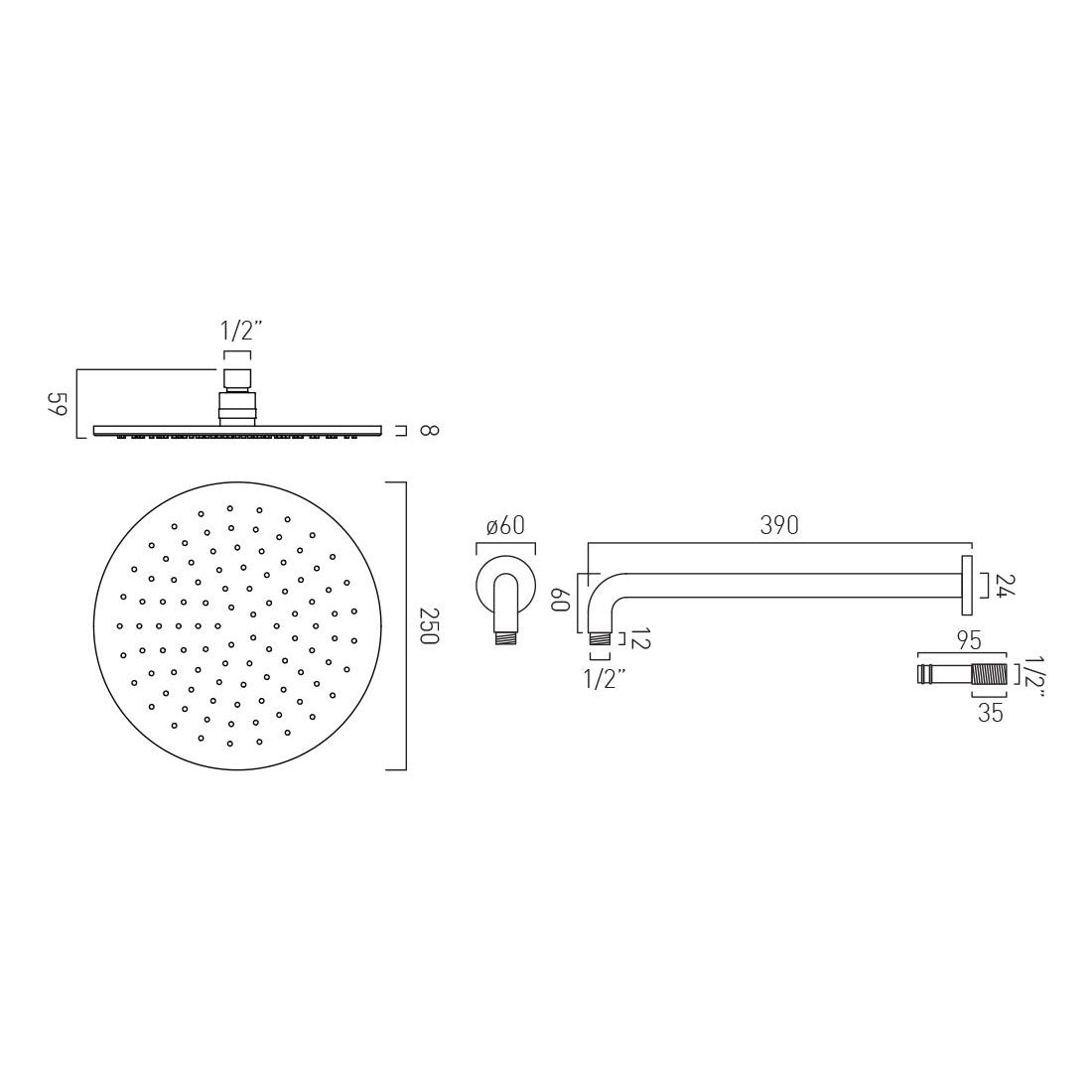 Vado Nebula 250mm Round Single Function Shower Head with Arm