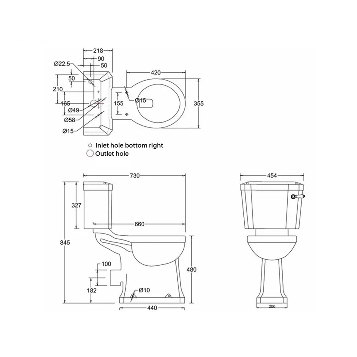 Burlington P12-C3 Regal White Slimline Close Coupled WC With Ceramic Cistern Lever - 454 x 730 x 845mm
