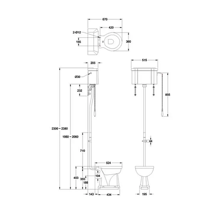 Burlington P2 BLUE Bespoke Standard High Level WC 670mm With Flush Ceramic Cistern