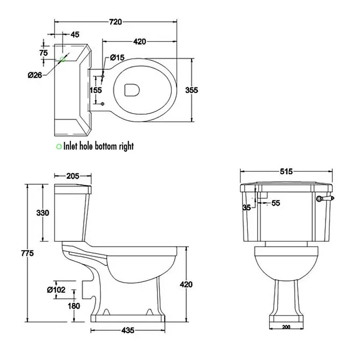 Burlington P5 Standard Close Coupled WC Pan With 520mm Lever Cistern