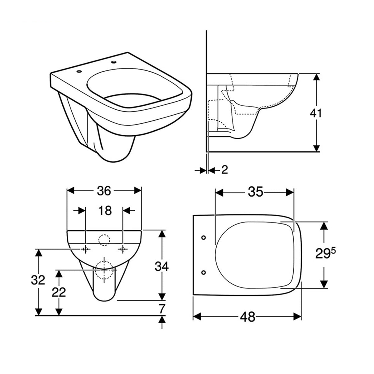 Geberit 501.504.00.7 Selnova 360 x 480mm Compact Wall Hung WC Pan White