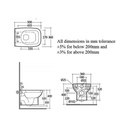 RAK ORG12AWHA Origin 62 Wall Hung WC Pan With Soft Close Seat - 500mm Projection