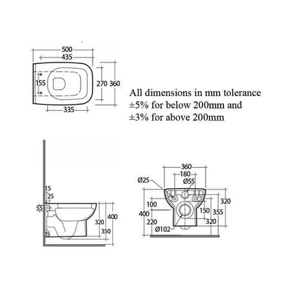 RAK ORG12AWHA Origin 62 Wall Hung WC Pan With Soft Close Seat - 500mm Projection