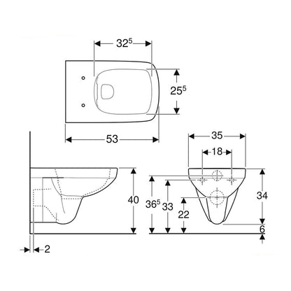 Geberit 501.458.00.7 Selnova Square 350 x 530mm Wall Hung Rim-Free WC Pan White