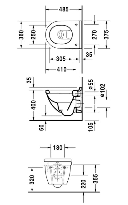 Luxe Duravit Starck 3 Wall Hung Toilet - 360mm Toilet With 4.5 Litre Flush