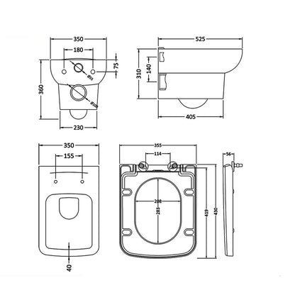 Hudson CPA005 Reed Arlo 350 x 525mm Square Wall Hung Pan White And Soft Close Seat