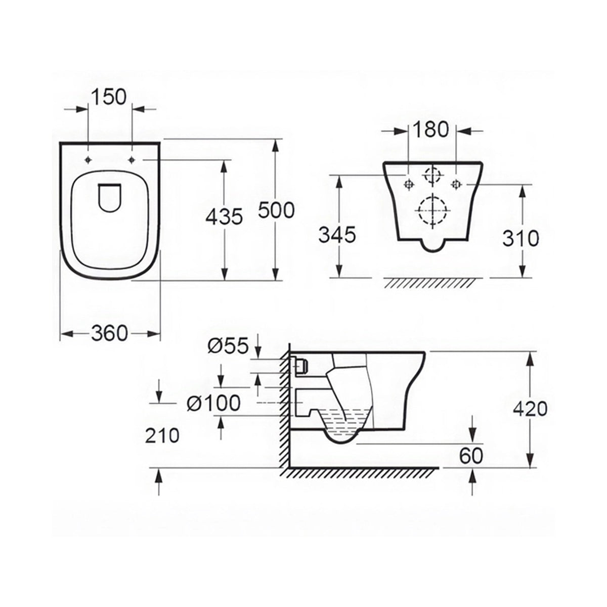 IMEX CH10134R Grace Rimless Wall Hung White WC Bowl And Soft Close Seat 500mm