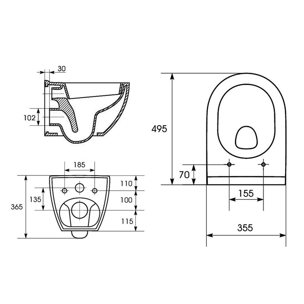 Saneux PR096 Prague Gloss White Wall Mounted WC Pan