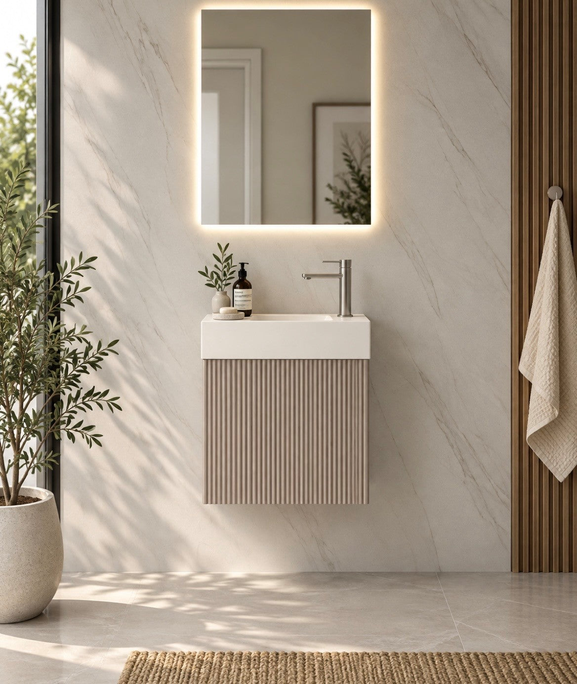 Luxe81 RIO 450mm 1 Door Beige Flute Cabinet and Basin