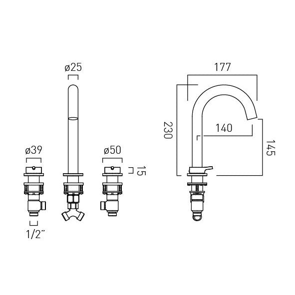 Vado Safari Lever Three Hole Deck Mounted Basin Mixer