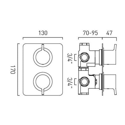 Vado Safari Lever 2 Outlet 2 Handle Concealed Thermostatic DX Valve