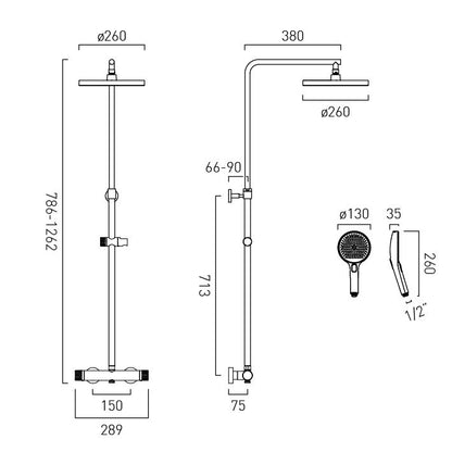 Vado Safari Leverless Wall Mounted Exposed Thermostatic Shower Column with MF Handset and Easyfit Brackets