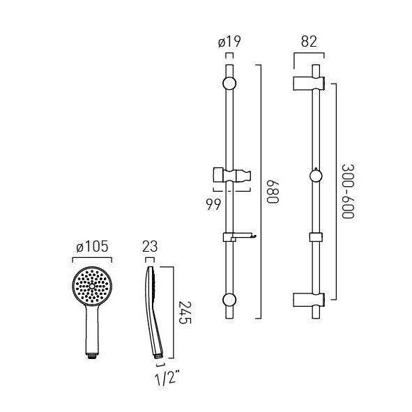 Vado Safari Single Function Slide Rail Shower Kit supplied with 6 l/min Flow Regulator
