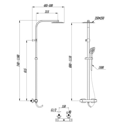 Luxe81 Helier Square Cool Touch Dual Head Rigid Riser Shower