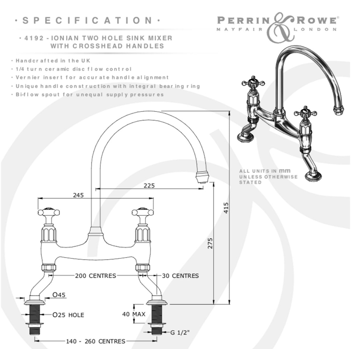 Perrin & Rowe Ionian 4192, 2 Hole Deck Mounted Tap With Crosshead Handles