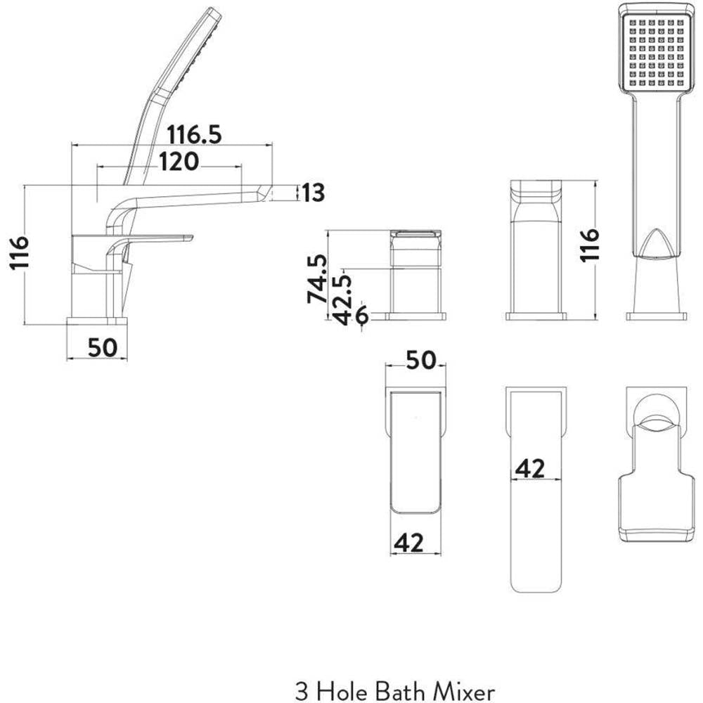 Luxe81 Muro 3 Hole Chrome Bath Mixer Tap