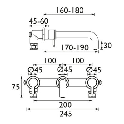 Heritage Dartmouth 3 Taphole Wall Mounted Basin Mixer