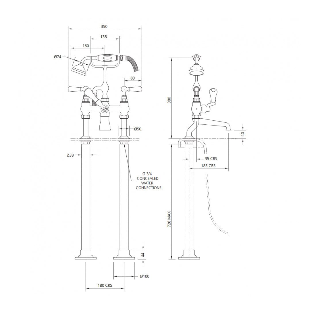 Lefroy Brooks Classic White Lever Bath Shower Mixer with Standpipe Sleeves Rim Mounting WL1145