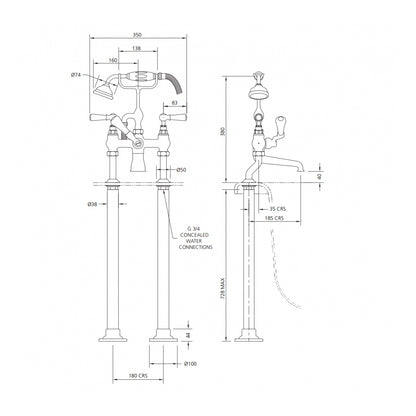 Lefroy Brooks Classic White Lever Bath Shower Mixer with Standpipe Sleeves Rim Mounting WL1145